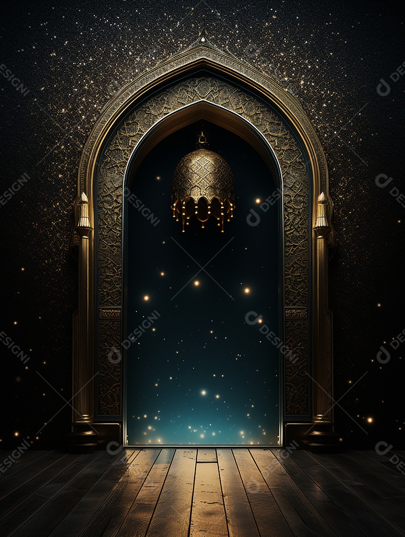 Arco dourado de uma mesquita islâmica sobre fundo com luzes.