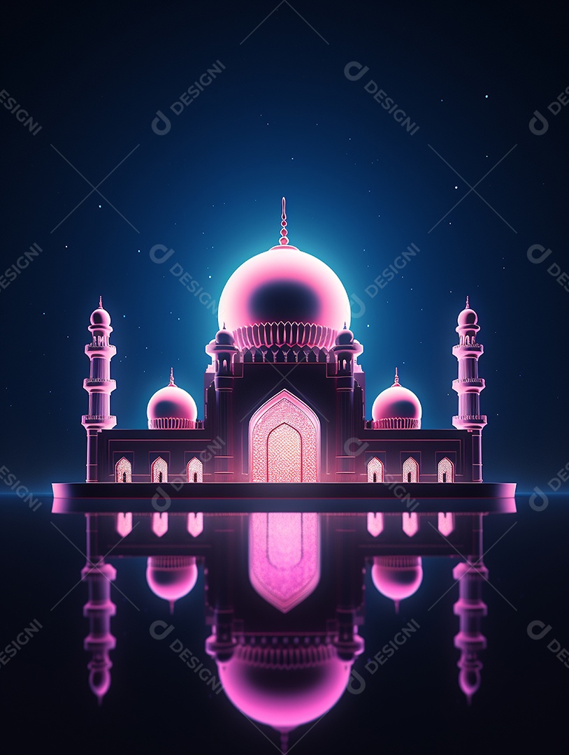 Mesquita islâmica iluminada com cores rosas.