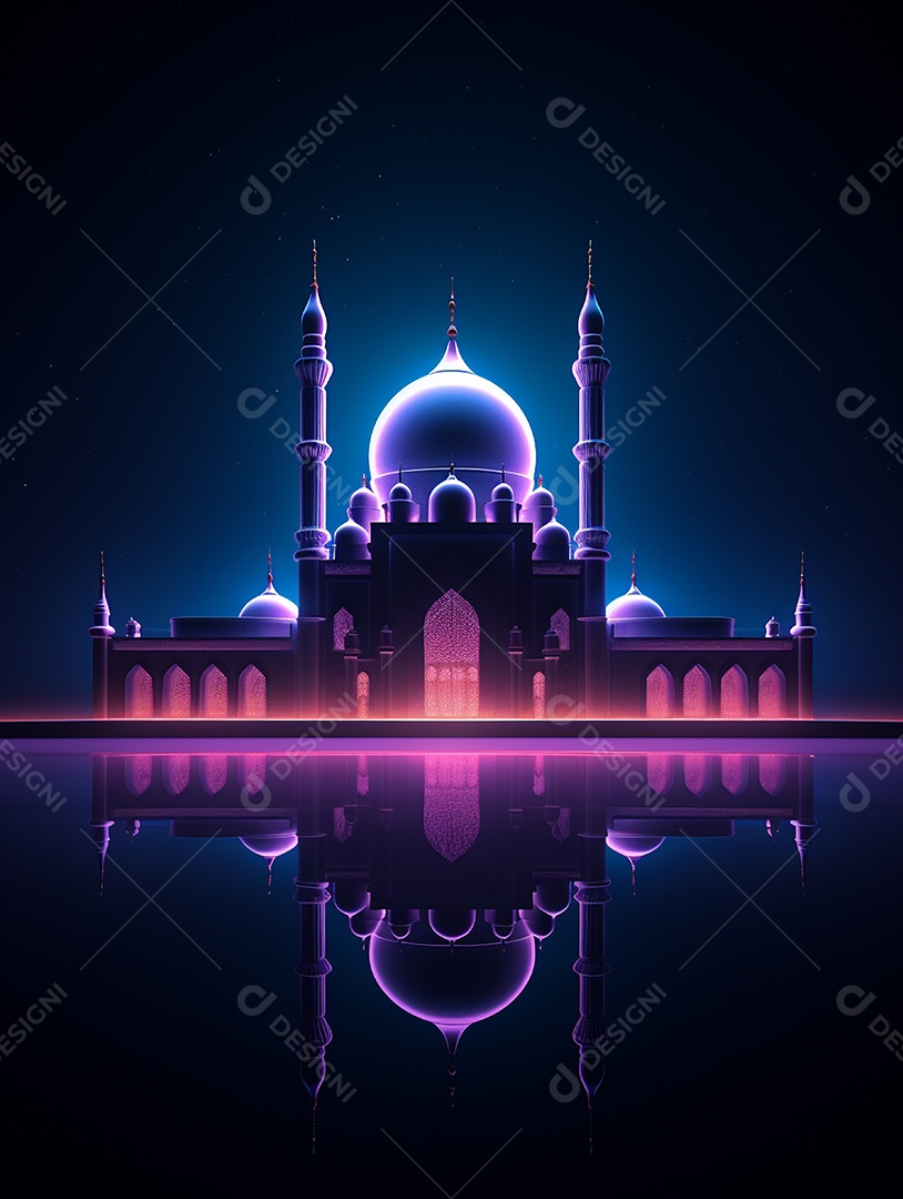 Mesquita islâmica iluminada com cores rosas.