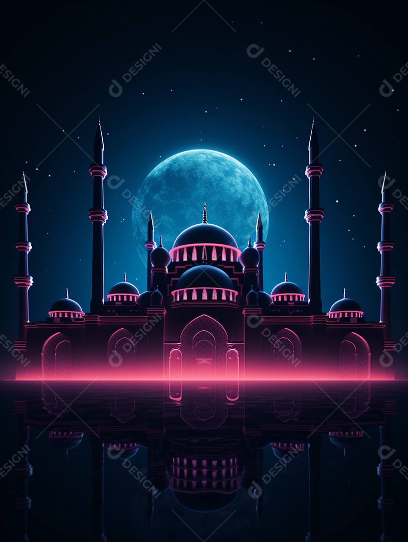 Mesquita islâmica iluminada com cores rosas sobre fundo de um luar.