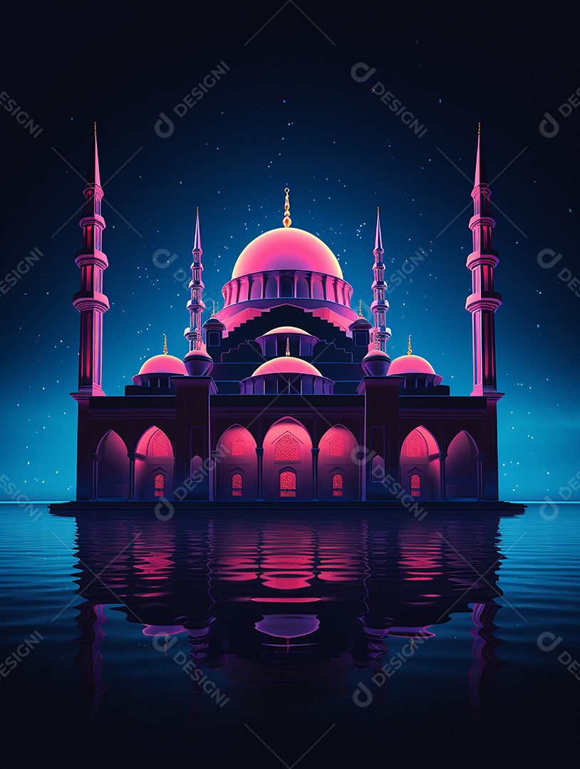 Mesquita islâmica iluminada com cores rosas.