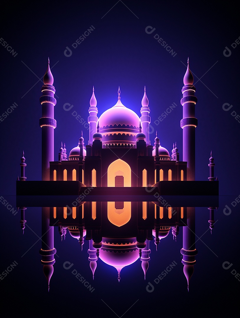 Mesquita islâmica iluminada com cores rosas.