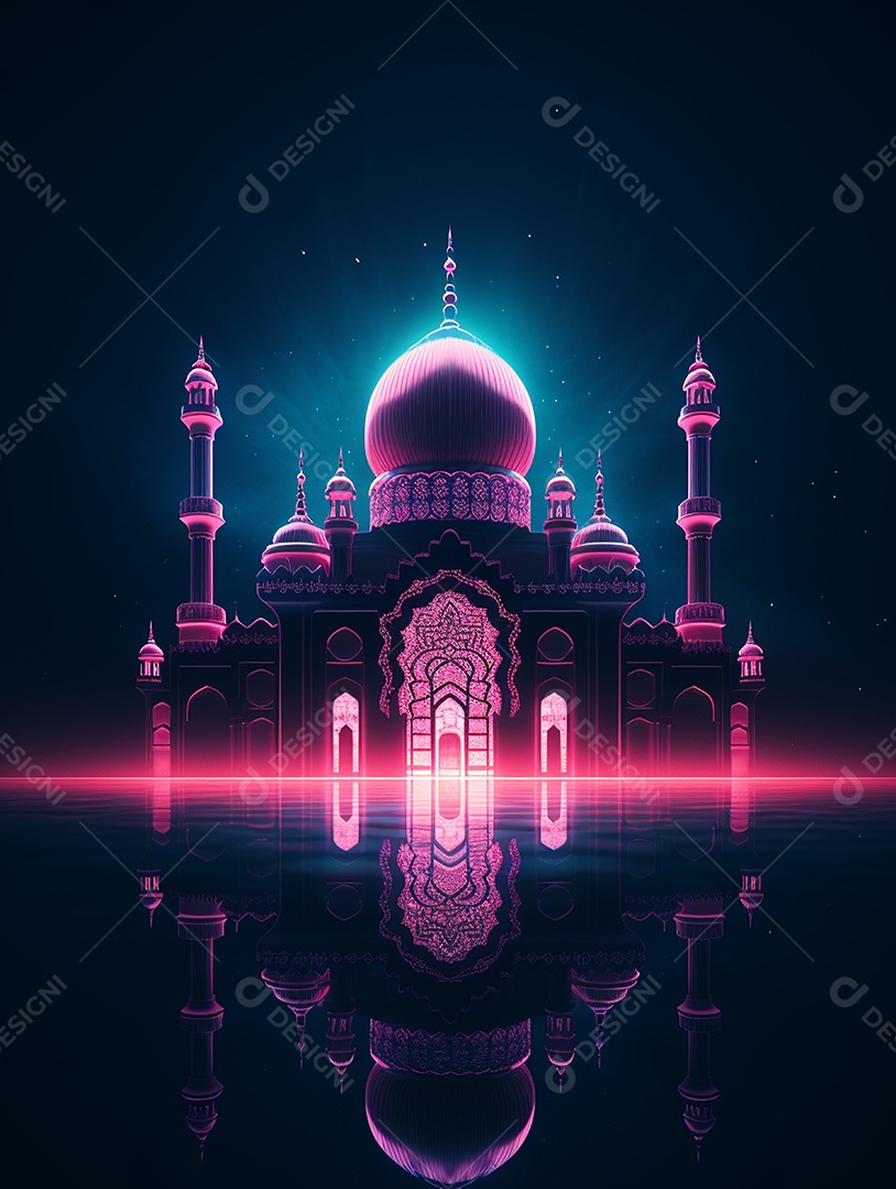 Mesquita islâmica iluminada com cores rosas.