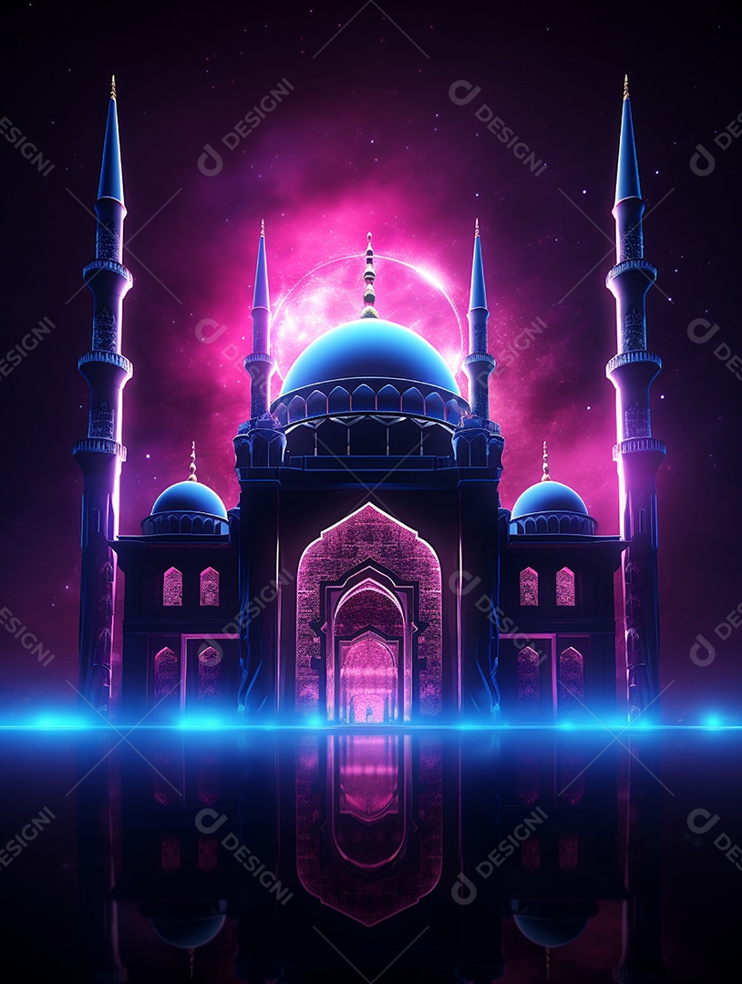 Mesquita islâmica iluminada com cores rosas.