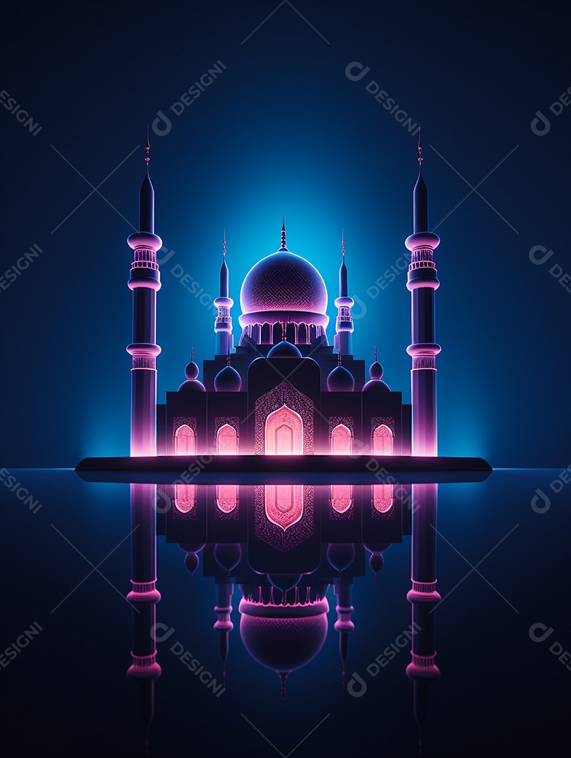 Mesquita islâmica iluminada com cores rosas.