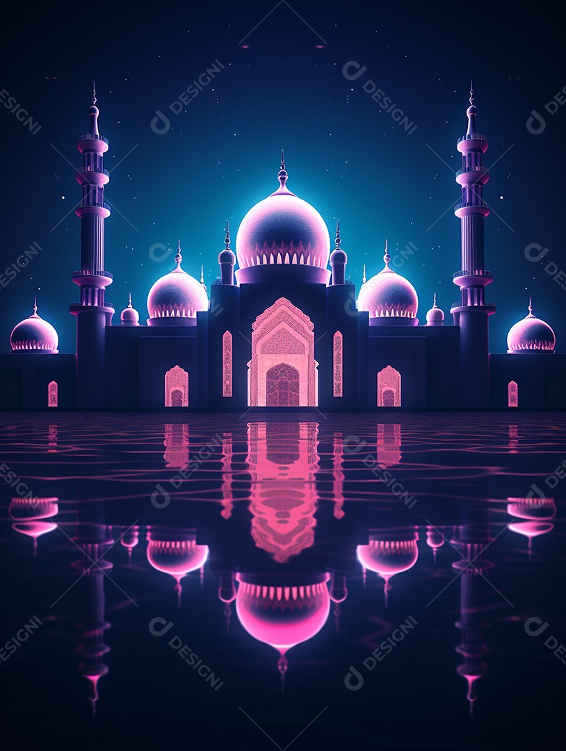 Mesquita islâmica iluminada com cores rosas.