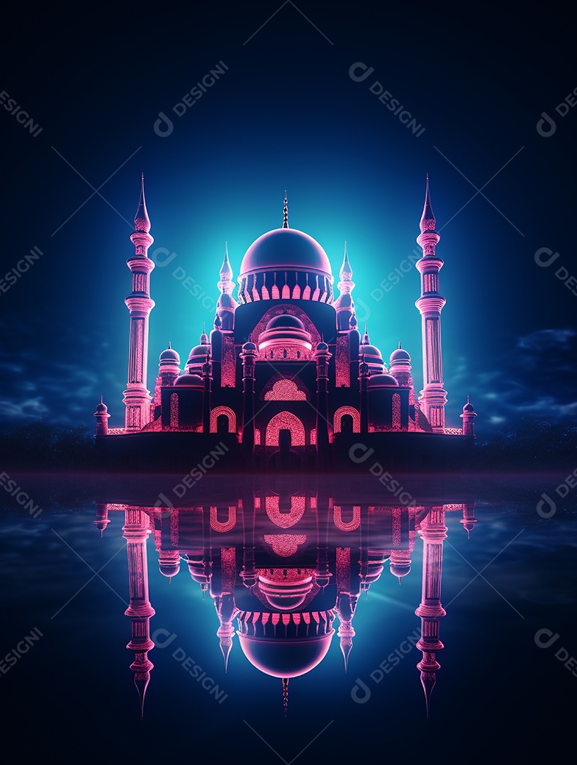 Mesquita islâmica iluminada com cores rosas.