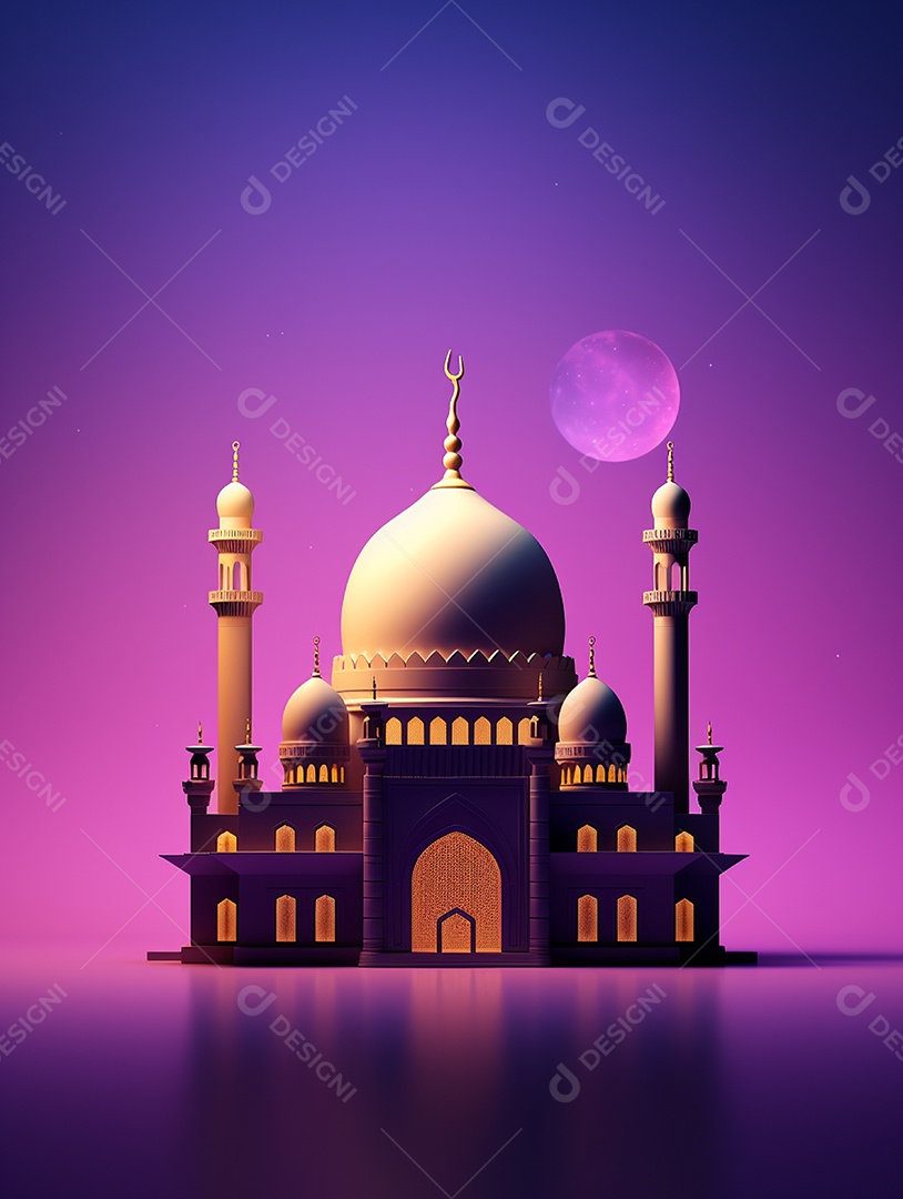 Mesquita islâmica bege com cúpula sobre fundo com luar