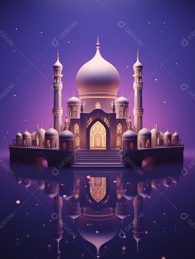 Mesquita islâmica iluminada com torres e cúpulas