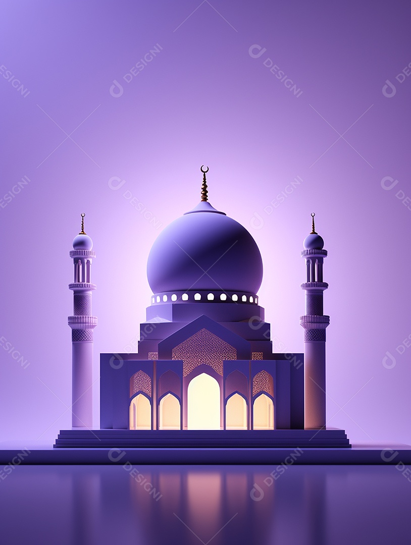 Mesquita islâmica iluminada com torres e cúpulas