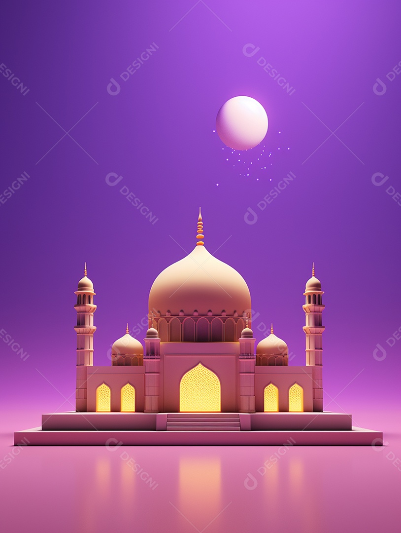 Mesquita islâmica iluminada com torres e cúpulas.