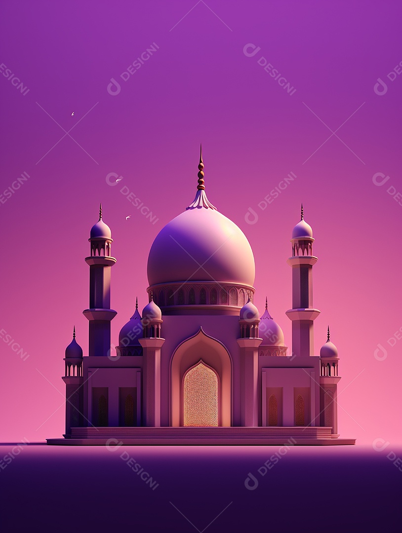 Mesquita islâmica iluminada com cores rosas.