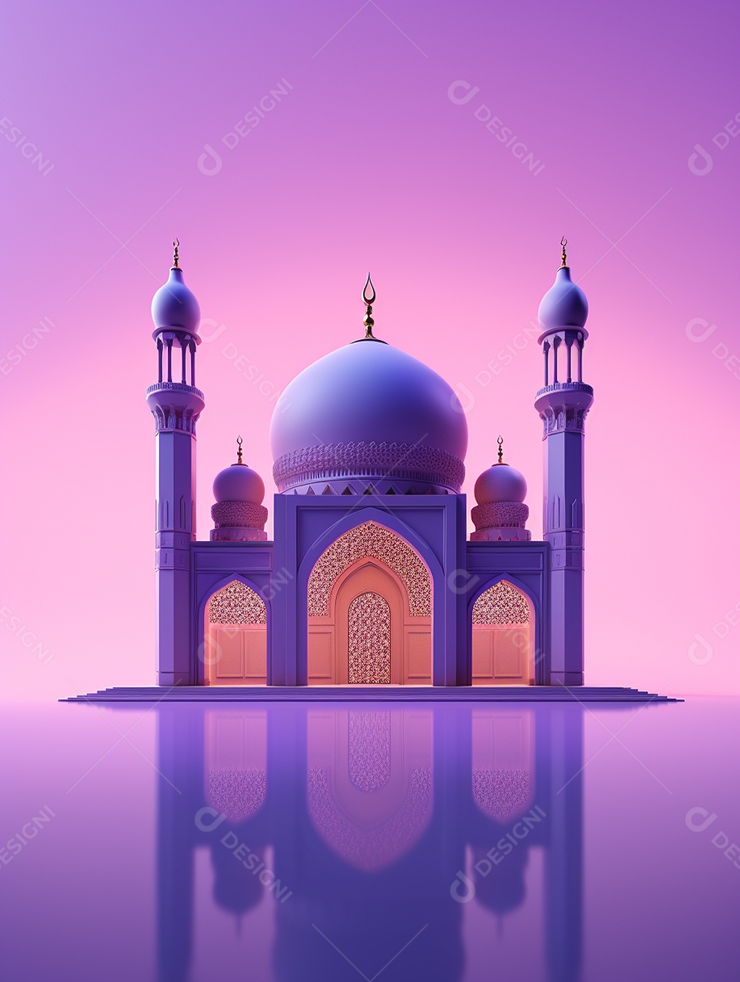 Mesquita islâmica com torres e cúpulas iluminada.