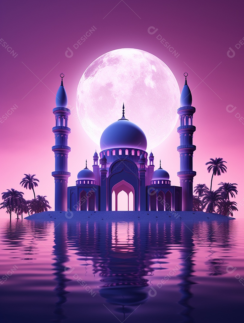 Mesquita islâmica com torres e cúpulas sobre fundo de um luar.