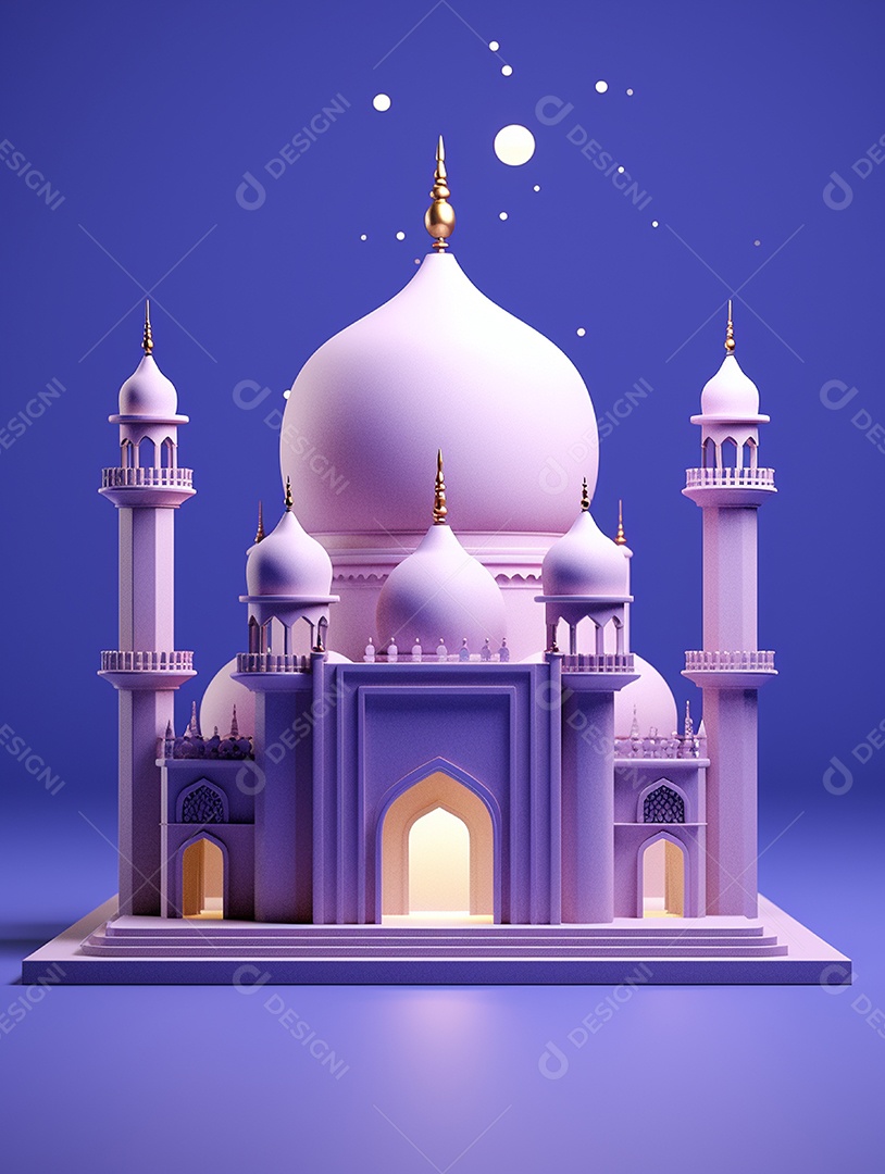 Mesquita islâmica com torres e cúpulas iluminada.