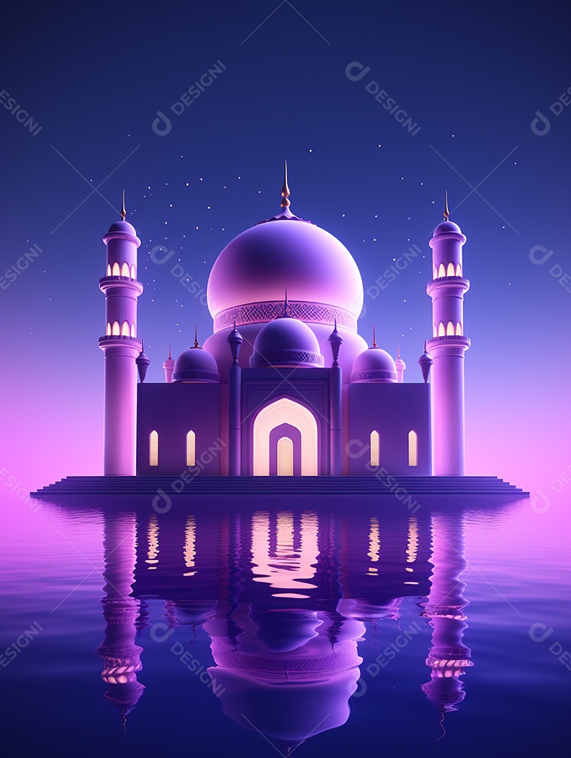 Mesquita islâmica com torres e cúpulas iluminada.