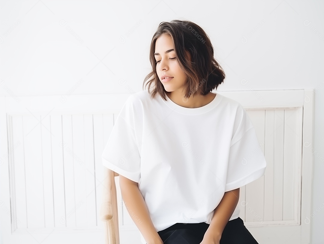 Mulher jovem e atraente vestindo uma camiseta branca grande e vazia para modelo de design