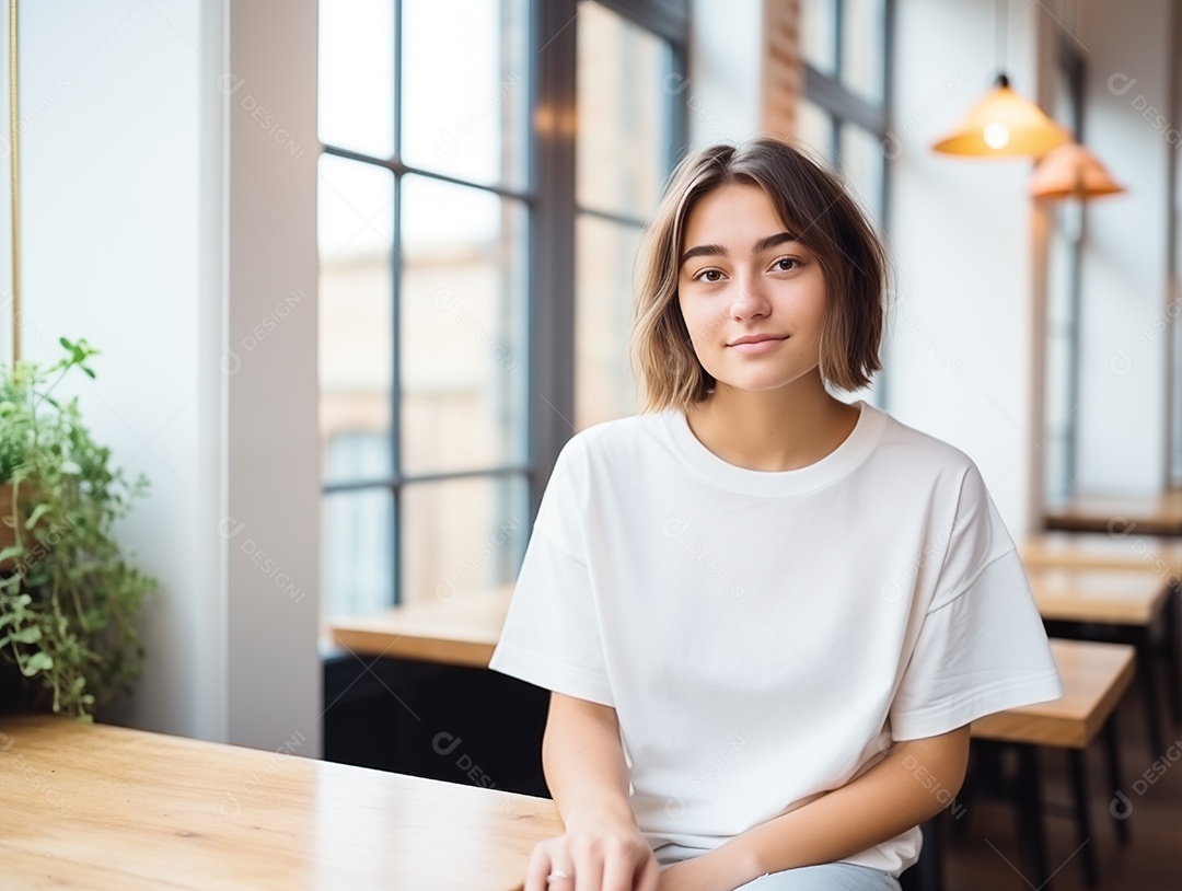 Mulher jovem e atraente vestindo uma camiseta branca grande e vazia para modelo de design