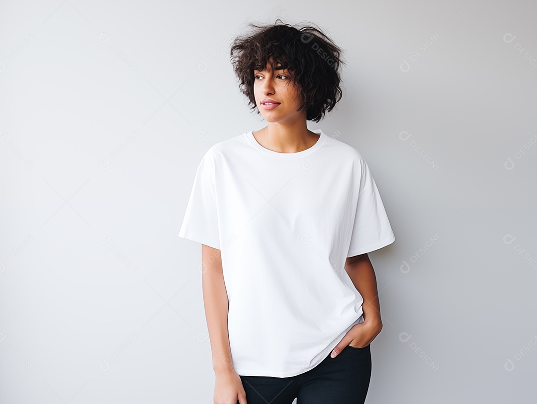Mulher jovem e atraente vestindo uma camiseta branca grande e vazia para modelo de design