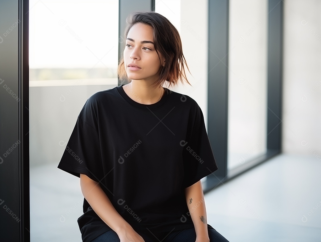Mulher jovem e atraente vestindo uma camiseta preta grande e vazia para modelo de design
