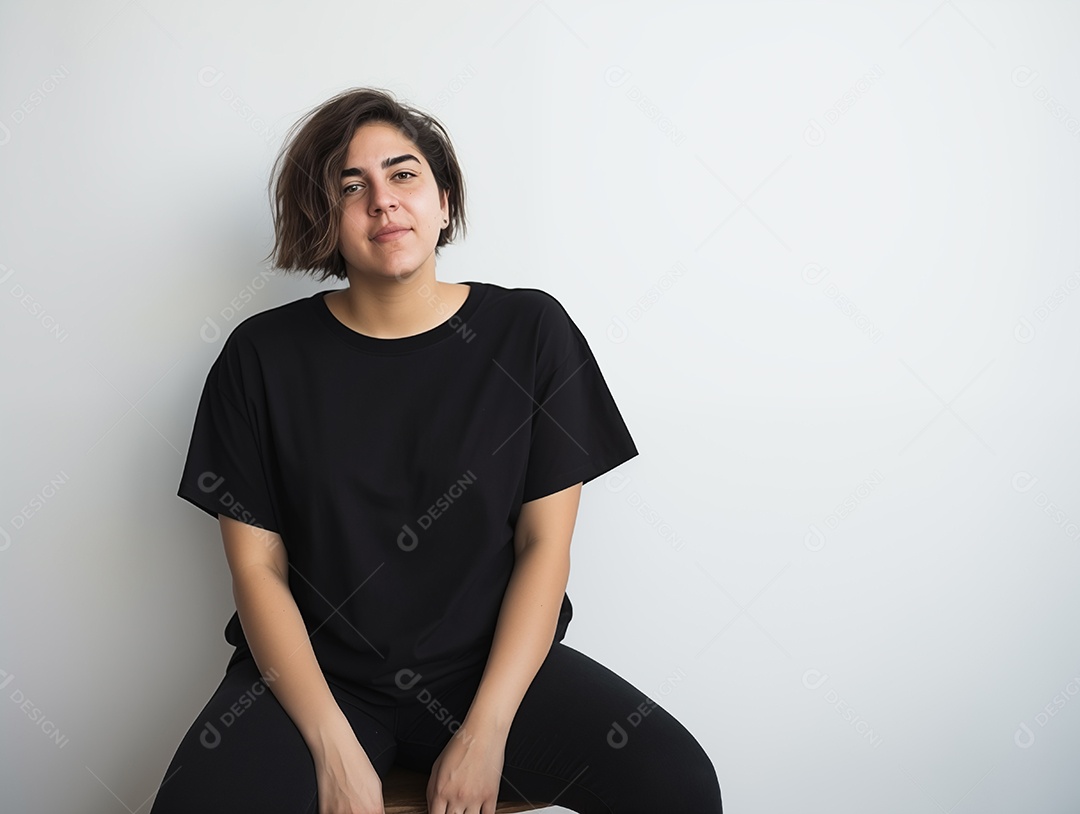 Mulher jovem e atraente vestindo uma camiseta preta grande e vazia para modelo de design