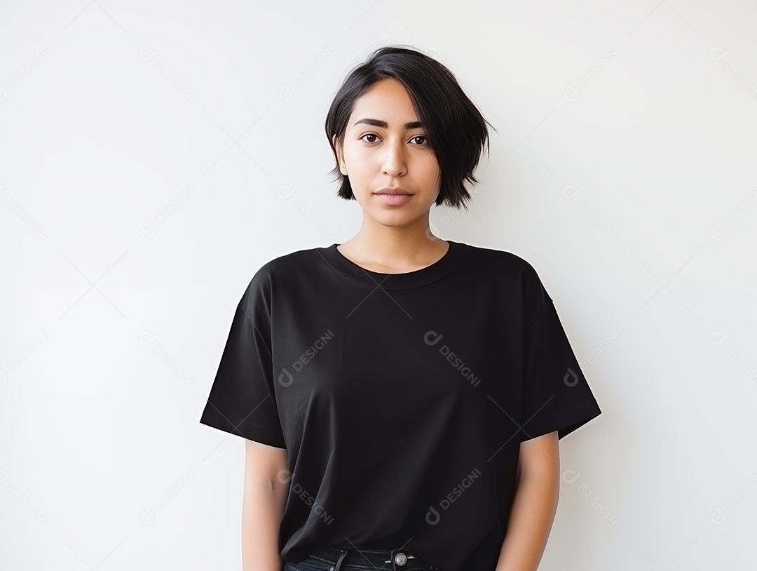 Mulher jovem e atraente vestindo uma camiseta preta grande e vazia para modelo de design