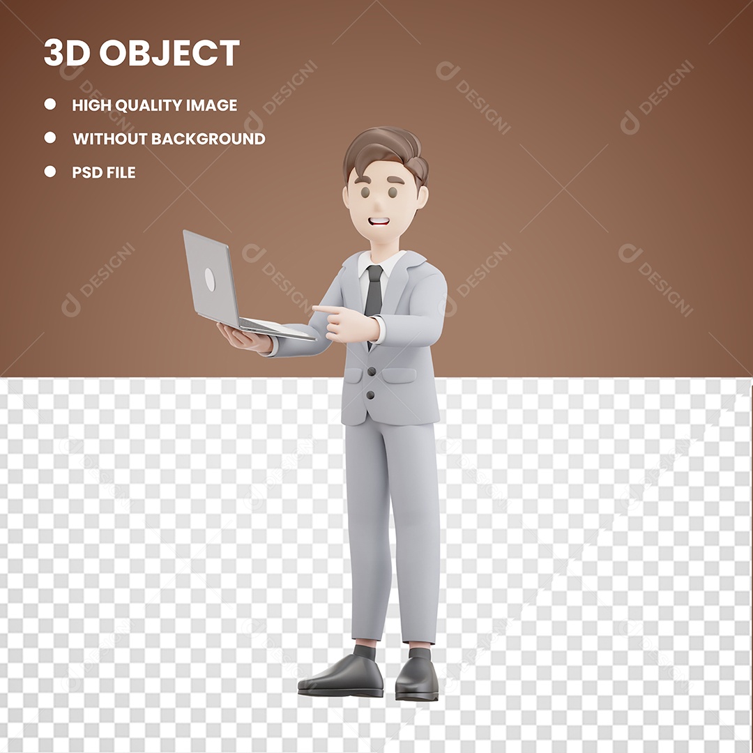 Personagem 3D Empresário Com Notebook Para Composição PSD