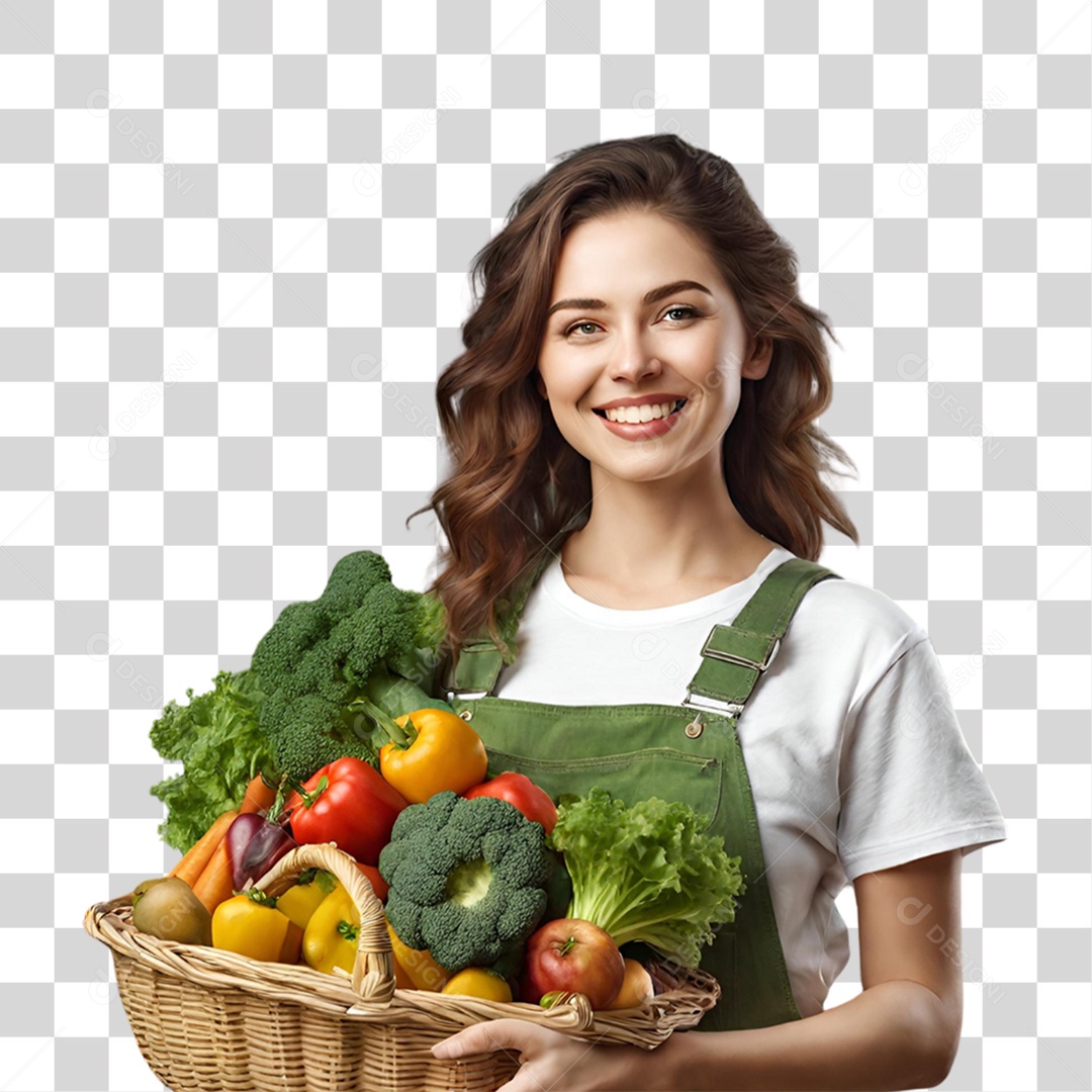 Mulher do Campo com Cesta de Verduras PNG Transparente