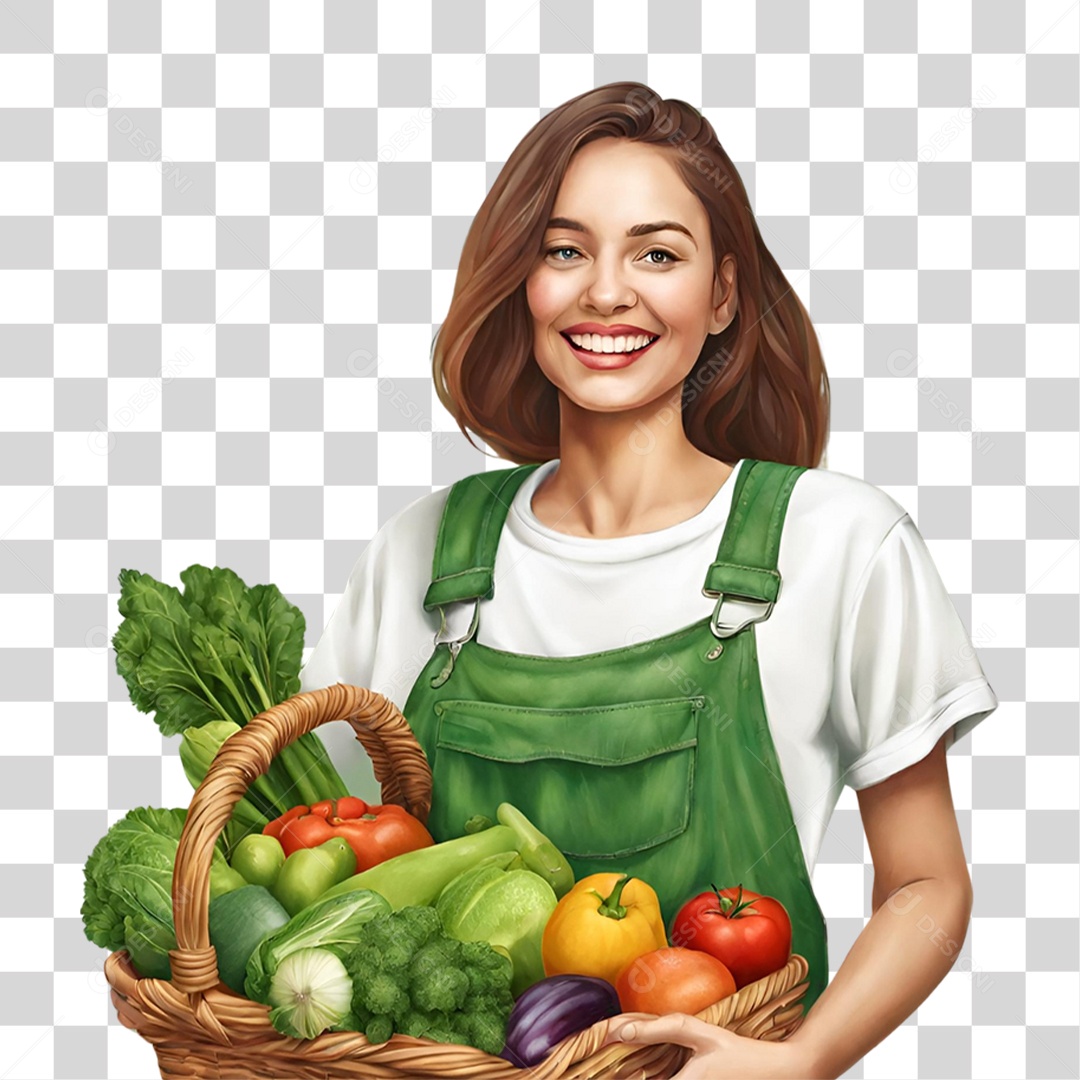 Mulher do Campo com Cesta de Verduras PNG Transparente
