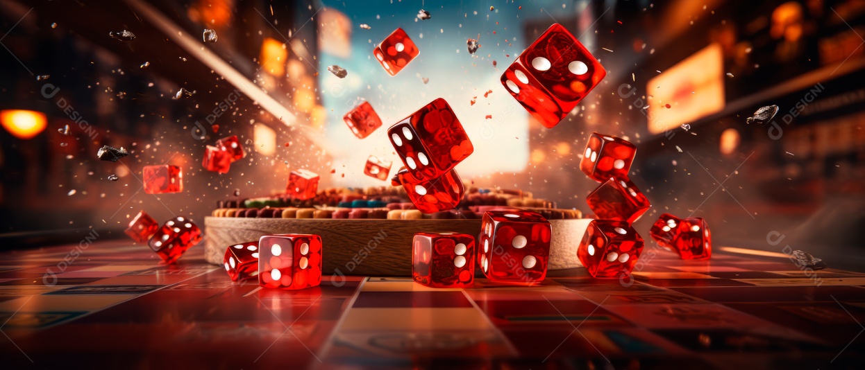 Tiro de ação de dados sendo lançados em uma mesa de dados.