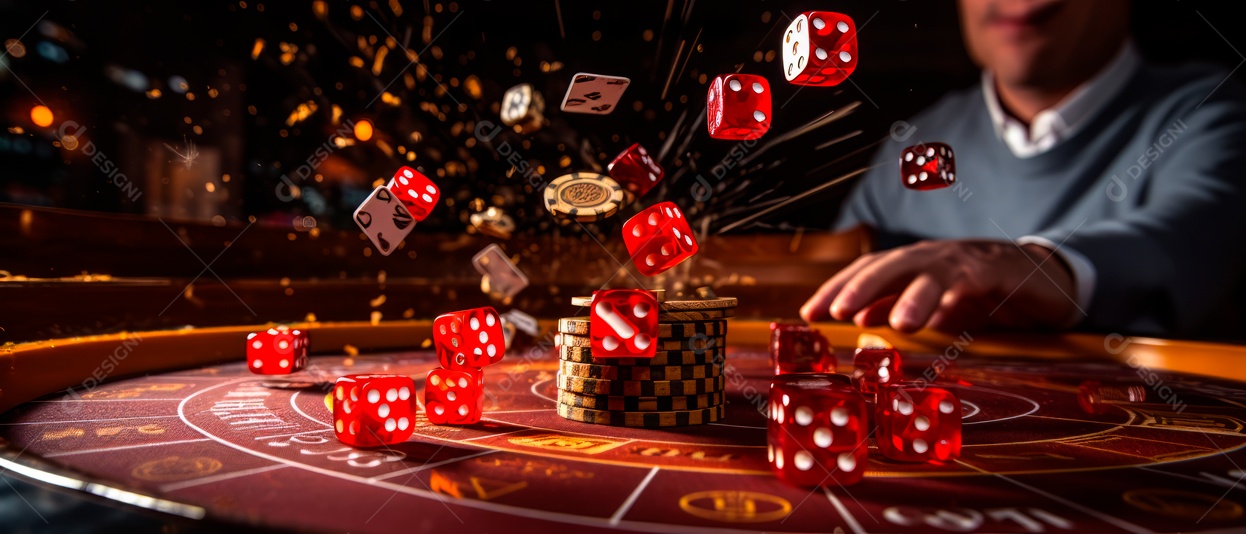 Tiro de ação de dados sendo lançados em uma mesa de dados.