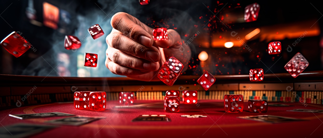 Tiro de ação de dados sendo lançados em uma mesa de dados.