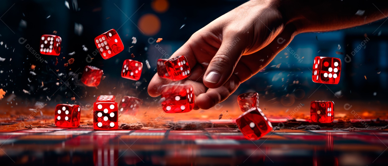 Tiro de ação de dados sendo lançados em uma mesa de dados.