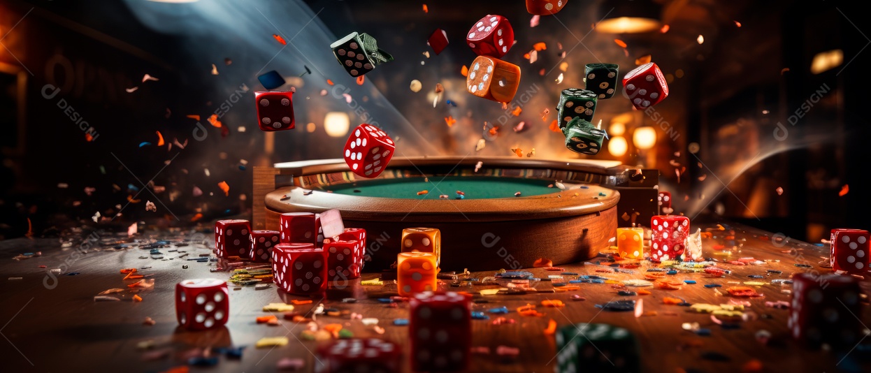 Tiro de ação de dados sendo lançados em uma mesa de dados.