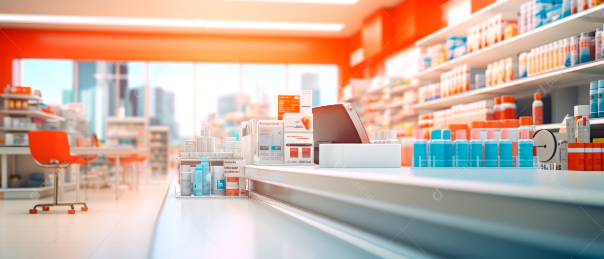 Fundo desfocado de uma IA generativa 3D realista de uma loja de farmácia.