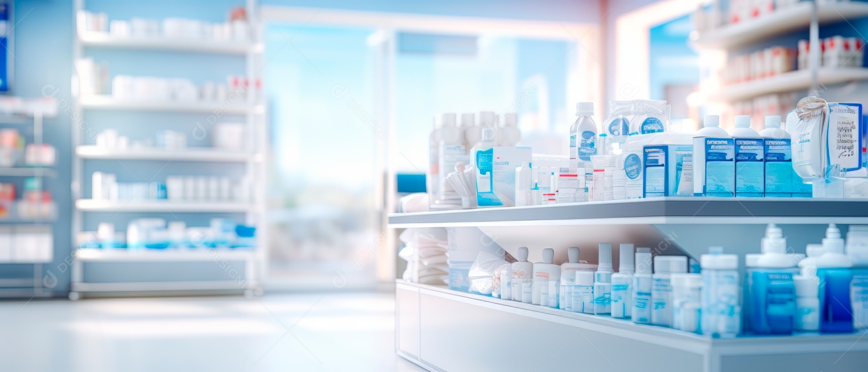 Fundo desfocado de uma IA generativa 3D realista de uma loja de farmácia.