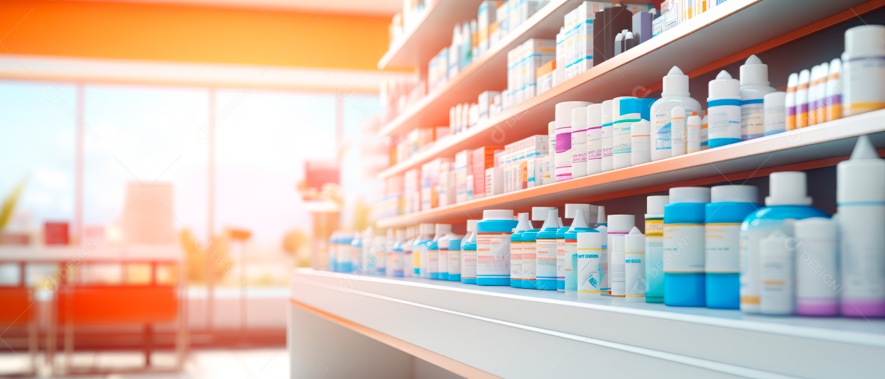 Fundo desfocado de uma IA generativa 3D realista de uma loja de farmácia.