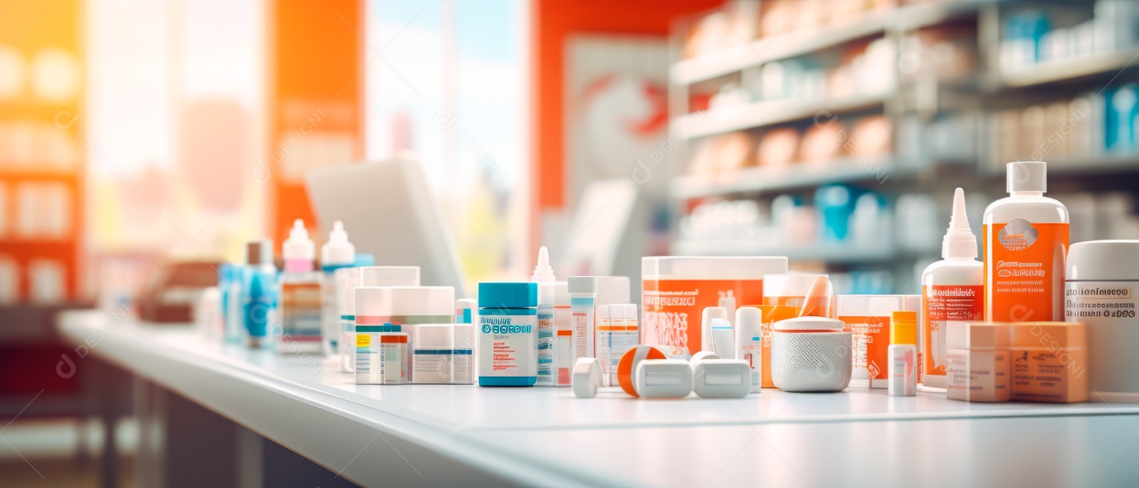 Fundo desfocado de uma IA generativa 3D realista de uma loja de farmácia.
