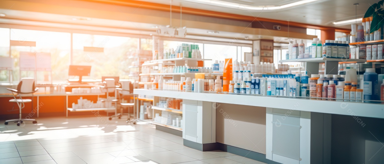 Fundo desfocado de uma IA generativa 3D realista de uma loja de farmácia.