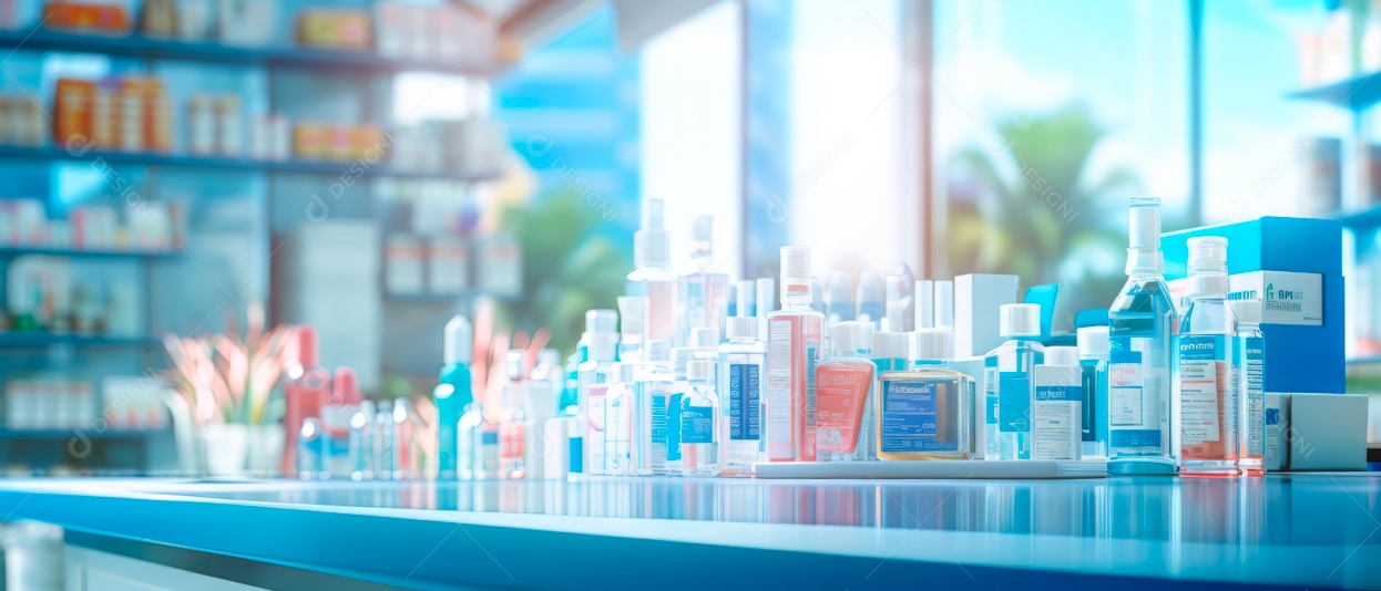 Fundo desfocado de uma IA generativa 3D realista de uma loja de farmácia.