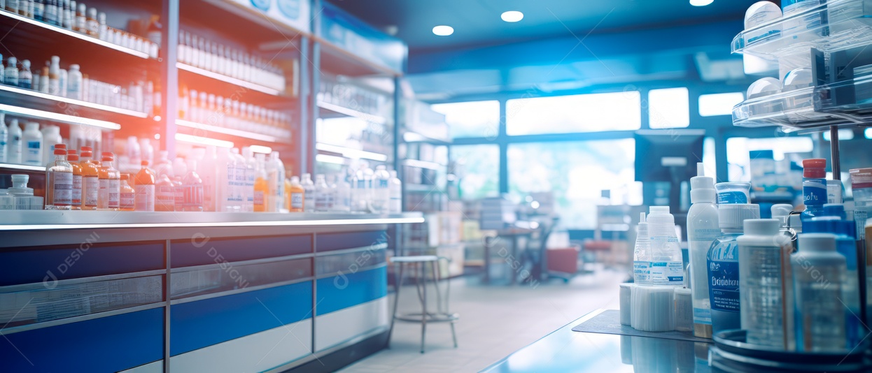 Fundo desfocado de uma IA generativa 3D realista de uma loja de farmácia.