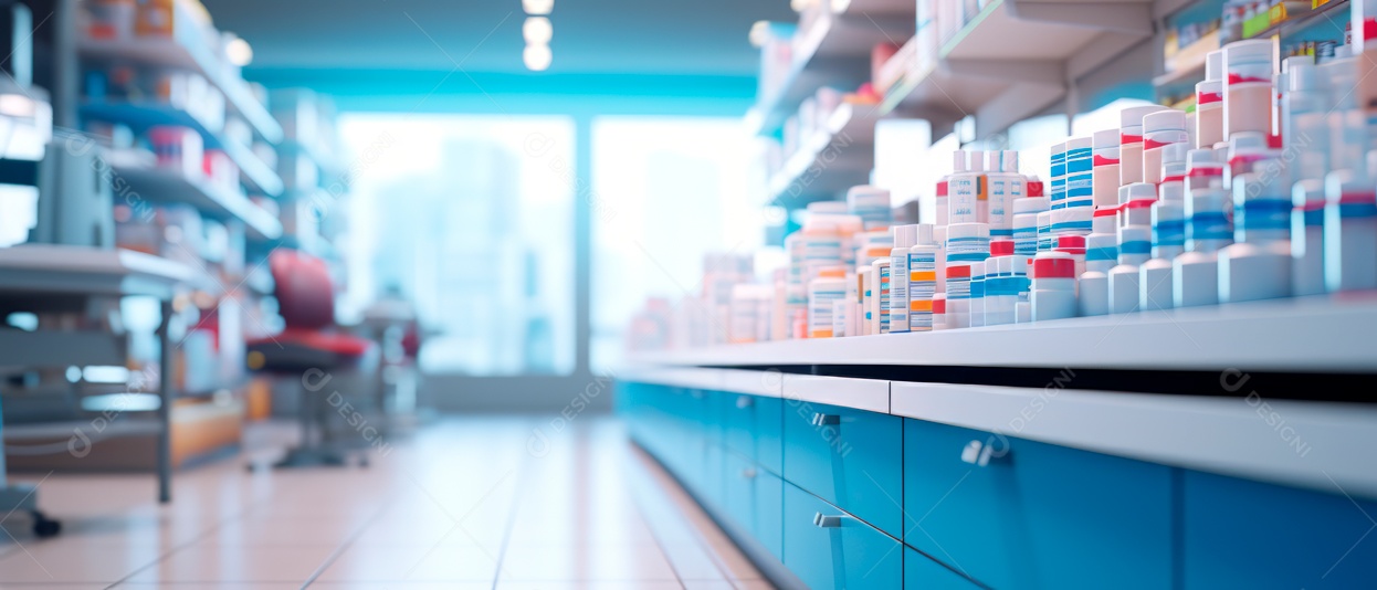 Fundo desfocado de uma IA generativa 3D realista de uma loja de farmácia.