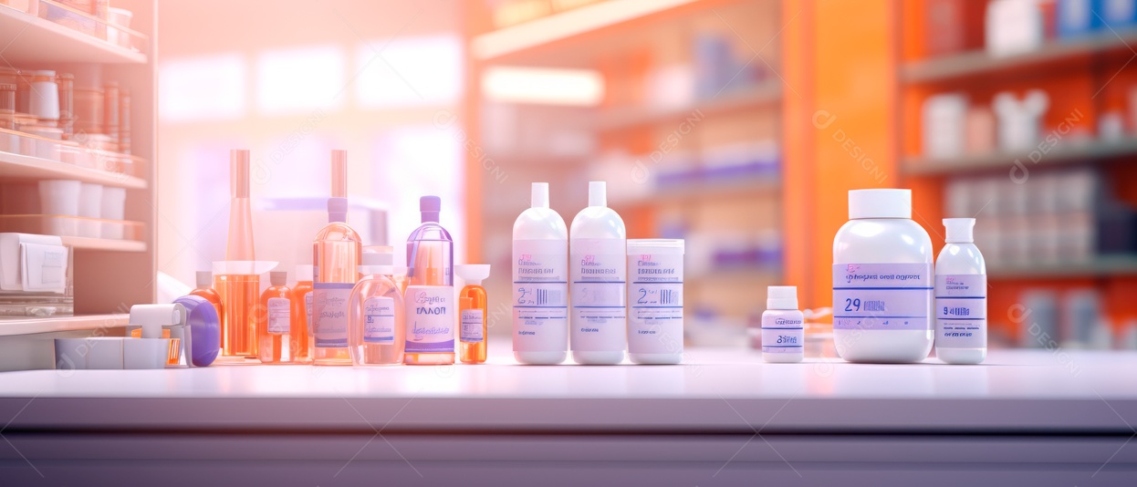 Fundo desfocado de uma IA generativa 3D realista de uma loja de farmácia.