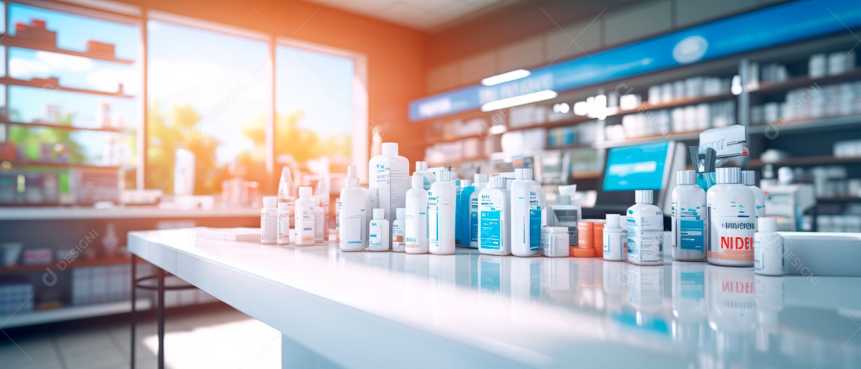 Fundo desfocado de uma IA generativa 3D realista de uma loja de farmácia.