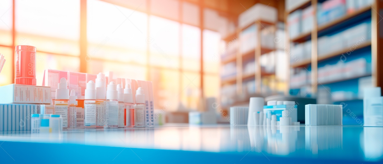Fundo desfocado de uma IA generativa 3D realista de uma loja de farmácia.