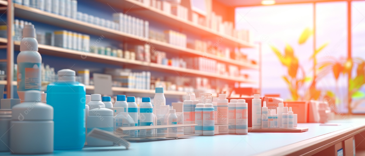 Fundo desfocado de uma IA generativa 3D realista de uma loja de farmácia.