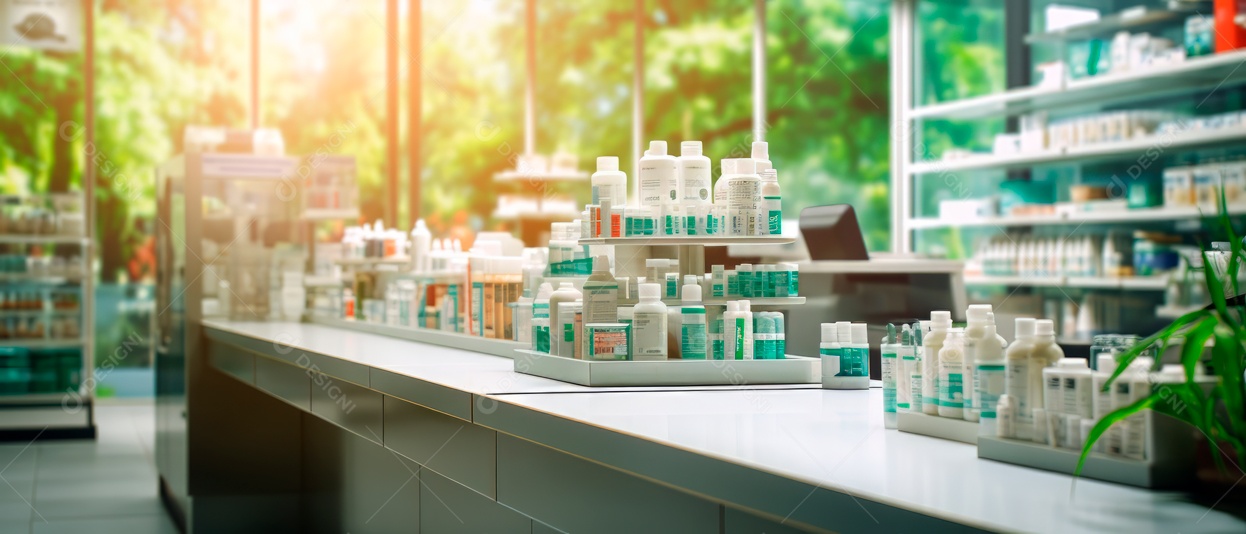 Fundo desfocado de uma IA generativa 3D realista de uma loja de farmácia.