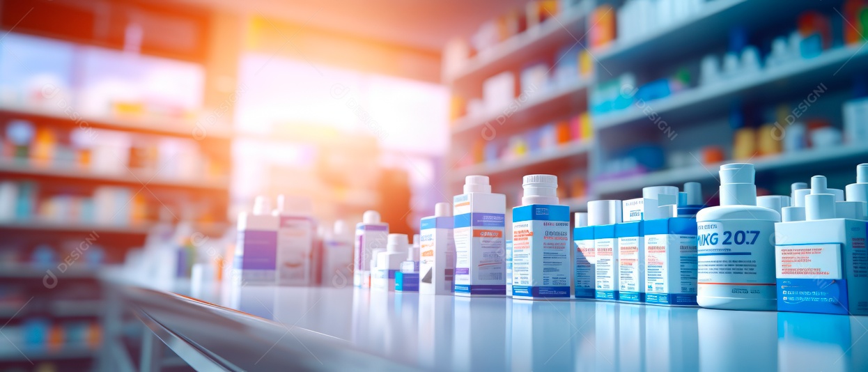 Fundo desfocado de uma IA generativa 3D realista de uma loja de farmácia.