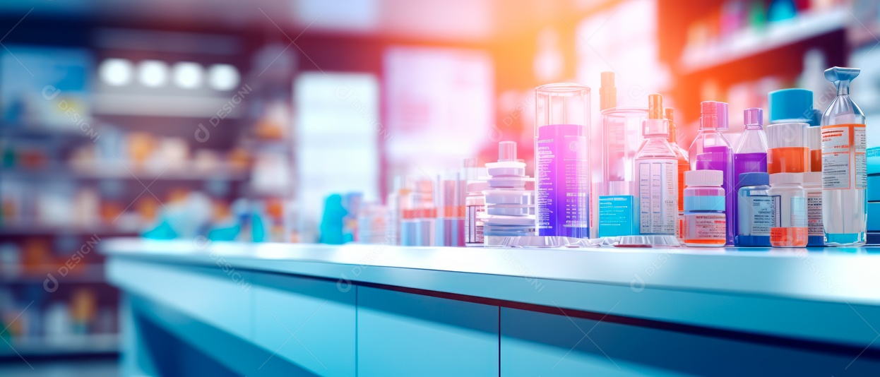 Fundo desfocado de uma IA generativa 3D realista de uma loja de farmácia.