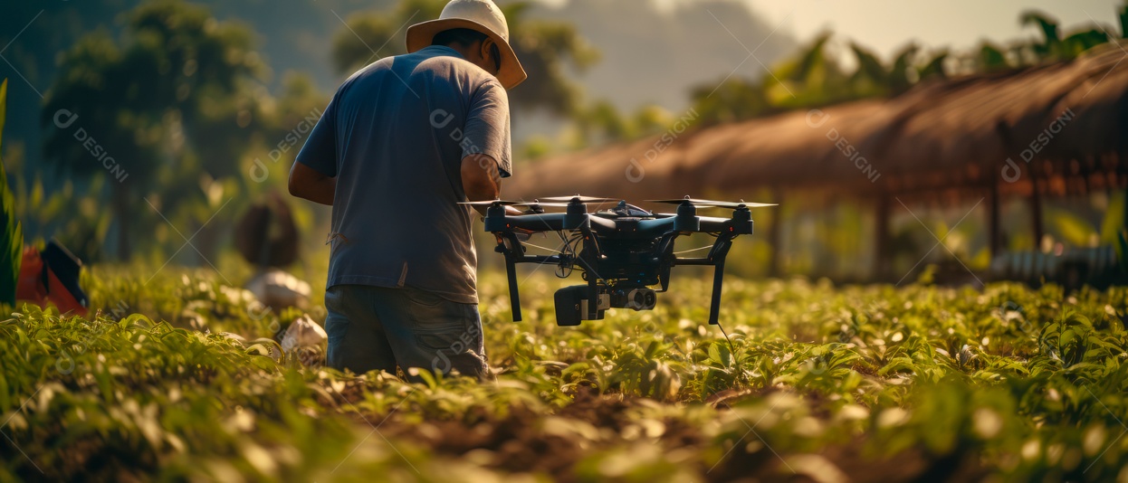 Agricultor usando tecnologia drone na fazenda para analisar IA generativa.